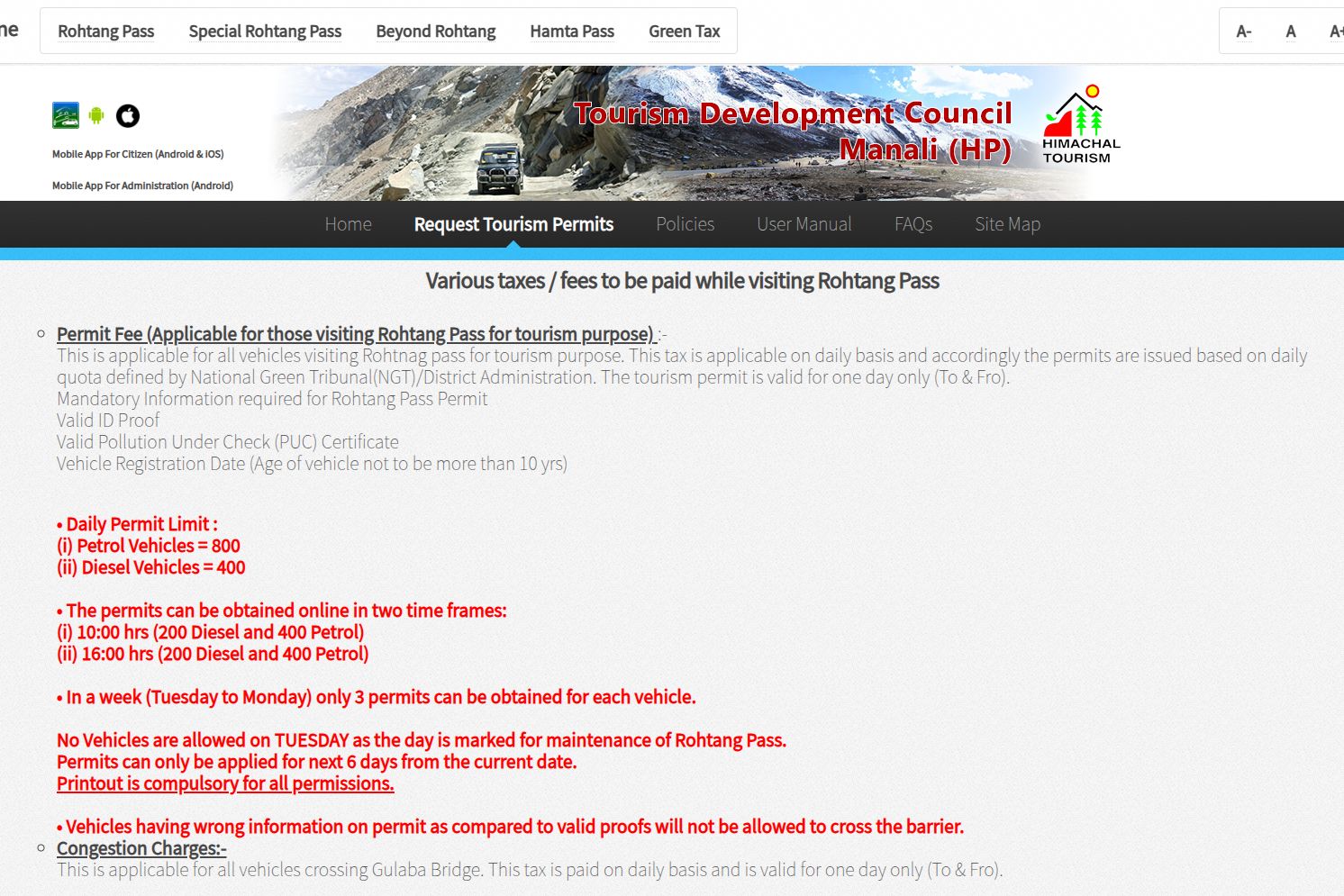 a screenshot of rohtang pass permit